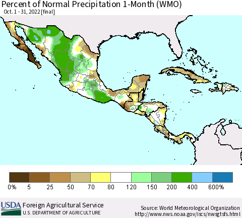 Mexico Central America and the Caribbean Percent of Normal Precipitation 1-Month (WMO) Thematic Map For 10/1/2022 - 10/31/2022