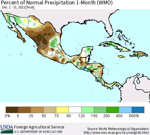 Mexico Central America and the Caribbean Percent of Normal Precipitation 1-Month (WMO) Thematic Map For 12/1/2022 - 12/31/2022