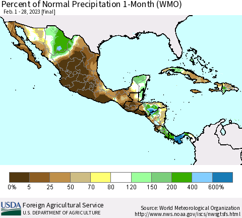 Mexico Central America and the Caribbean Percent of Normal Precipitation 1-Month (WMO) Thematic Map For 2/1/2023 - 2/28/2023