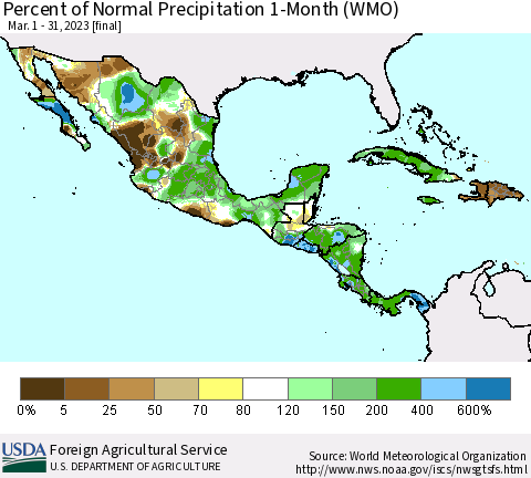 Mexico Central America and the Caribbean Percent of Normal Precipitation 1-Month (WMO) Thematic Map For 3/1/2023 - 3/31/2023