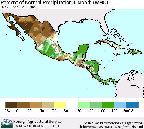 Mexico Central America and the Caribbean Percent of Normal Precipitation 1-Month (WMO) Thematic Map For 3/6/2021 - 4/5/2021