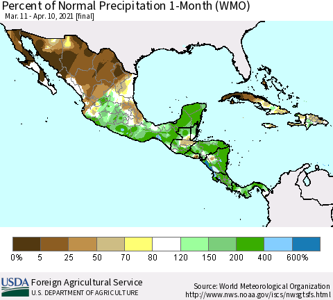 Mexico Central America and the Caribbean Percent of Normal Precipitation 1-Month (WMO) Thematic Map For 3/11/2021 - 4/10/2021