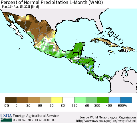Mexico Central America and the Caribbean Percent of Normal Precipitation 1-Month (WMO) Thematic Map For 3/16/2021 - 4/15/2021