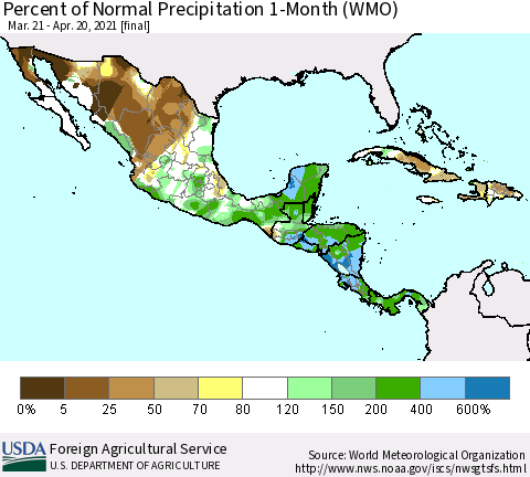 Mexico Central America and the Caribbean Percent of Normal Precipitation 1-Month (WMO) Thematic Map For 3/21/2021 - 4/20/2021