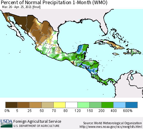 Mexico Central America and the Caribbean Percent of Normal Precipitation 1-Month (WMO) Thematic Map For 3/26/2021 - 4/25/2021