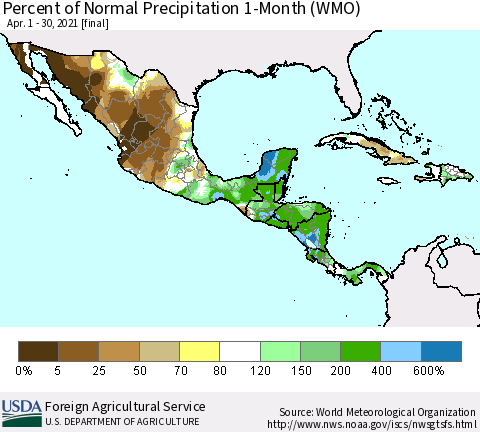 Mexico Central America and the Caribbean Percent of Normal Precipitation 1-Month (WMO) Thematic Map For 4/1/2021 - 4/30/2021