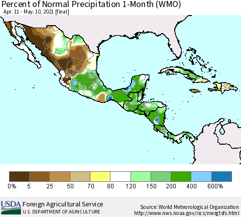 Mexico Central America and the Caribbean Percent of Normal Precipitation 1-Month (WMO) Thematic Map For 4/11/2021 - 5/10/2021