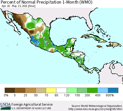 Mexico Central America and the Caribbean Percent of Normal Precipitation 1-Month (WMO) Thematic Map For 4/16/2021 - 5/15/2021