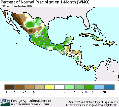 Mexico Central America and the Caribbean Percent of Normal Precipitation 1-Month (WMO) Thematic Map For 4/21/2021 - 5/20/2021