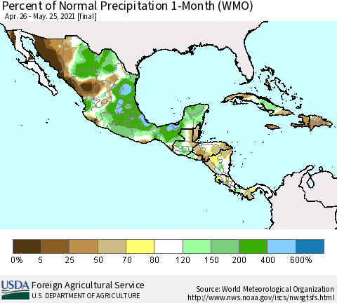 Mexico Central America and the Caribbean Percent of Normal Precipitation 1-Month (WMO) Thematic Map For 4/26/2021 - 5/25/2021
