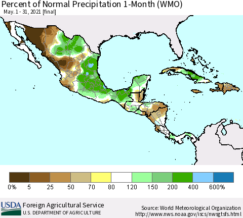Mexico Central America and the Caribbean Percent of Normal Precipitation 1-Month (WMO) Thematic Map For 5/1/2021 - 5/31/2021