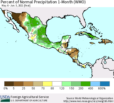 Mexico Central America and the Caribbean Percent of Normal Precipitation 1-Month (WMO) Thematic Map For 5/6/2021 - 6/5/2021