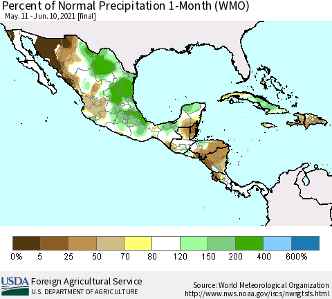 Mexico Central America and the Caribbean Percent of Normal Precipitation 1-Month (WMO) Thematic Map For 5/11/2021 - 6/10/2021