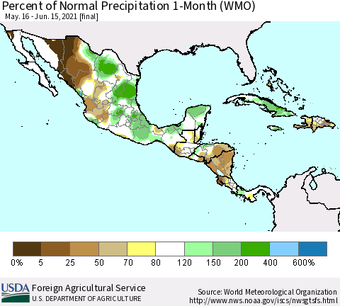 Mexico Central America and the Caribbean Percent of Normal Precipitation 1-Month (WMO) Thematic Map For 5/16/2021 - 6/15/2021