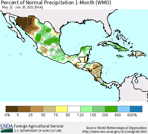 Mexico Central America and the Caribbean Percent of Normal Precipitation 1-Month (WMO) Thematic Map For 5/21/2021 - 6/20/2021