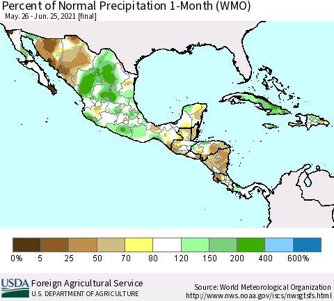 Mexico Central America and the Caribbean Percent of Normal Precipitation 1-Month (WMO) Thematic Map For 5/26/2021 - 6/25/2021
