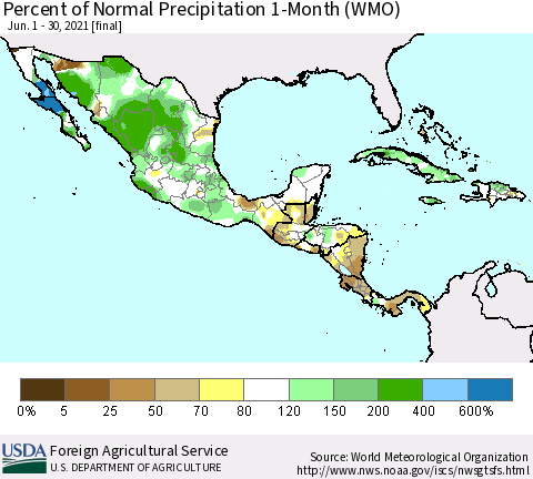 Mexico Central America and the Caribbean Percent of Normal Precipitation 1-Month (WMO) Thematic Map For 6/1/2021 - 6/30/2021