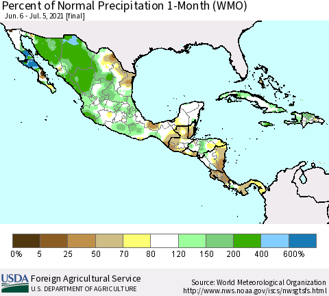 Mexico Central America and the Caribbean Percent of Normal Precipitation 1-Month (WMO) Thematic Map For 6/6/2021 - 7/5/2021