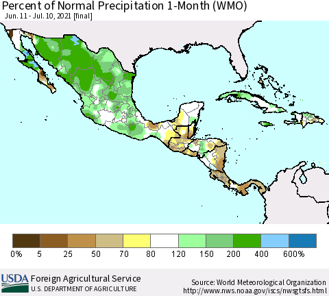 Mexico Central America and the Caribbean Percent of Normal Precipitation 1-Month (WMO) Thematic Map For 6/11/2021 - 7/10/2021