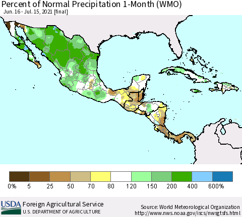 Mexico Central America and the Caribbean Percent of Normal Precipitation 1-Month (WMO) Thematic Map For 6/16/2021 - 7/15/2021