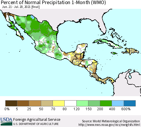 Mexico Central America and the Caribbean Percent of Normal Precipitation 1-Month (WMO) Thematic Map For 6/21/2021 - 7/20/2021
