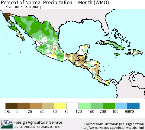Mexico Central America and the Caribbean Percent of Normal Precipitation 1-Month (WMO) Thematic Map For 6/26/2021 - 7/25/2021