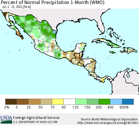 Mexico Central America and the Caribbean Percent of Normal Precipitation 1-Month (WMO) Thematic Map For 7/1/2021 - 7/31/2021