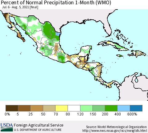Mexico Central America and the Caribbean Percent of Normal Precipitation 1-Month (WMO) Thematic Map For 7/6/2021 - 8/5/2021