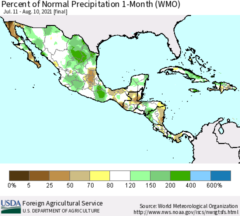 Mexico Central America and the Caribbean Percent of Normal Precipitation 1-Month (WMO) Thematic Map For 7/11/2021 - 8/10/2021