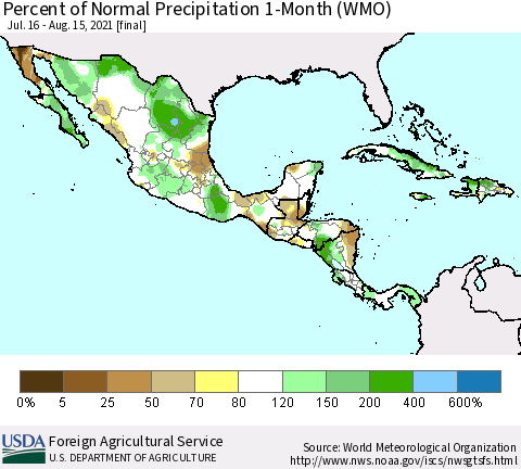 Mexico Central America and the Caribbean Percent of Normal Precipitation 1-Month (WMO) Thematic Map For 7/16/2021 - 8/15/2021