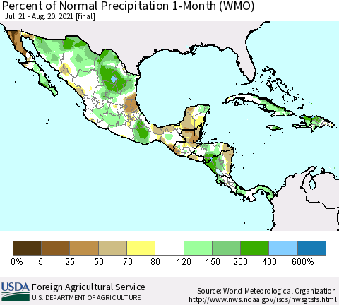 Mexico Central America and the Caribbean Percent of Normal Precipitation 1-Month (WMO) Thematic Map For 7/21/2021 - 8/20/2021