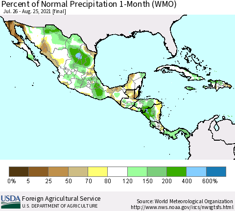 Mexico Central America and the Caribbean Percent of Normal Precipitation 1-Month (WMO) Thematic Map For 7/26/2021 - 8/25/2021