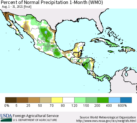 Mexico Central America and the Caribbean Percent of Normal Precipitation 1-Month (WMO) Thematic Map For 8/1/2021 - 8/31/2021
