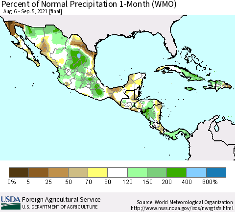 Mexico Central America and the Caribbean Percent of Normal Precipitation 1-Month (WMO) Thematic Map For 8/6/2021 - 9/5/2021