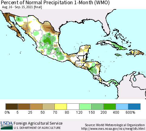 Mexico Central America and the Caribbean Percent of Normal Precipitation 1-Month (WMO) Thematic Map For 8/16/2021 - 9/15/2021