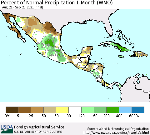 Mexico Central America and the Caribbean Percent of Normal Precipitation 1-Month (WMO) Thematic Map For 8/21/2021 - 9/20/2021