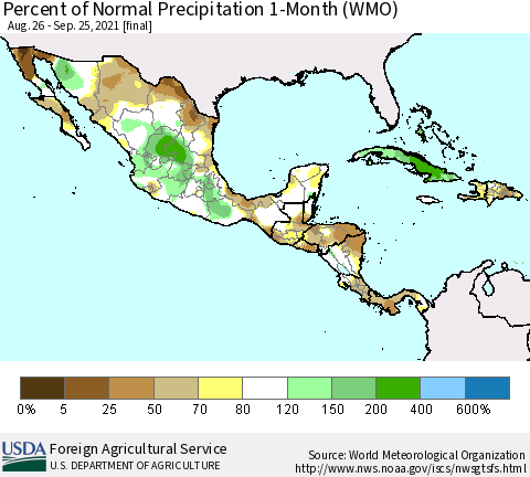 Mexico Central America and the Caribbean Percent of Normal Precipitation 1-Month (WMO) Thematic Map For 8/26/2021 - 9/25/2021