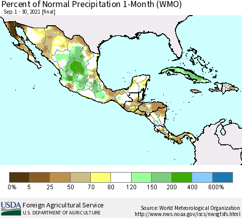 Mexico Central America and the Caribbean Percent of Normal Precipitation 1-Month (WMO) Thematic Map For 9/1/2021 - 9/30/2021