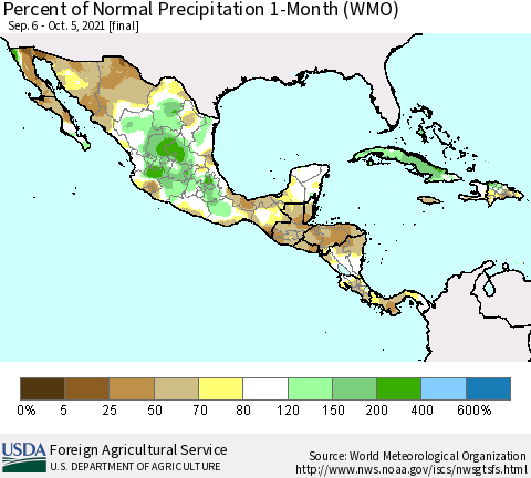 Mexico Central America and the Caribbean Percent of Normal Precipitation 1-Month (WMO) Thematic Map For 9/6/2021 - 10/5/2021