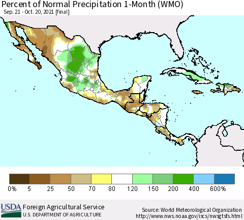 Mexico Central America and the Caribbean Percent of Normal Precipitation 1-Month (WMO) Thematic Map For 9/21/2021 - 10/20/2021