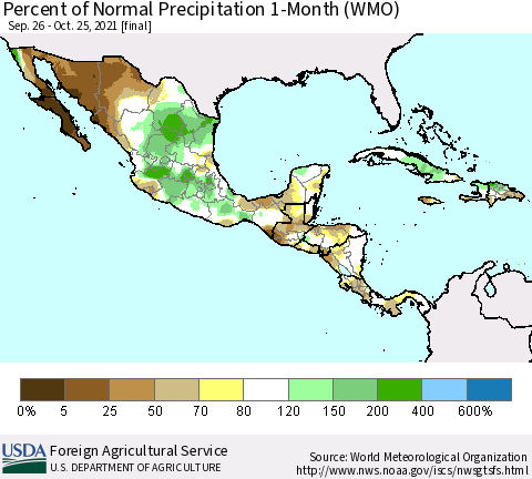 Mexico Central America and the Caribbean Percent of Normal Precipitation 1-Month (WMO) Thematic Map For 9/26/2021 - 10/25/2021