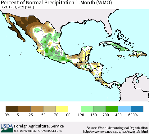 Mexico Central America and the Caribbean Percent of Normal Precipitation 1-Month (WMO) Thematic Map For 10/1/2021 - 10/31/2021