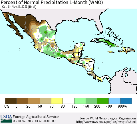 Mexico Central America and the Caribbean Percent of Normal Precipitation 1-Month (WMO) Thematic Map For 10/6/2021 - 11/5/2021