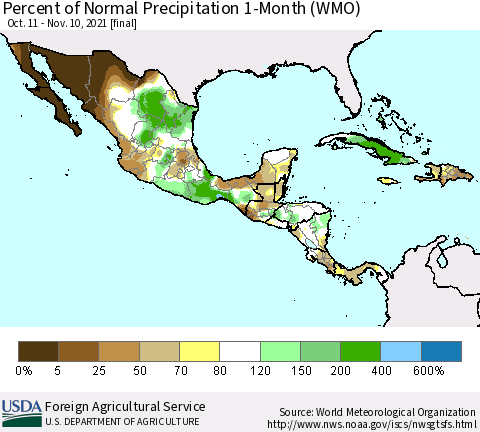 Mexico Central America and the Caribbean Percent of Normal Precipitation 1-Month (WMO) Thematic Map For 10/11/2021 - 11/10/2021