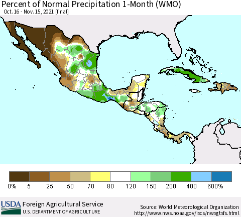 Mexico Central America and the Caribbean Percent of Normal Precipitation 1-Month (WMO) Thematic Map For 10/16/2021 - 11/15/2021