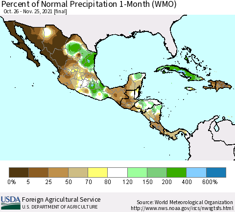 Mexico Central America and the Caribbean Percent of Normal Precipitation 1-Month (WMO) Thematic Map For 10/26/2021 - 11/25/2021