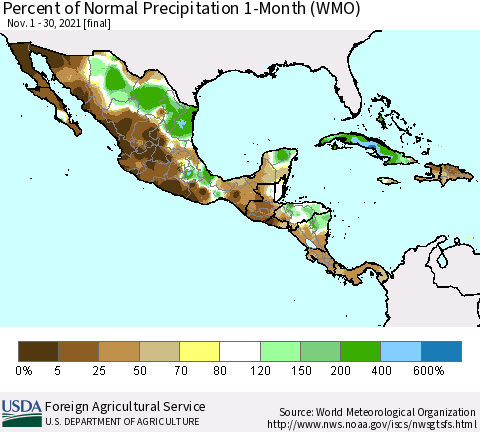 Mexico Central America and the Caribbean Percent of Normal Precipitation 1-Month (WMO) Thematic Map For 11/1/2021 - 11/30/2021