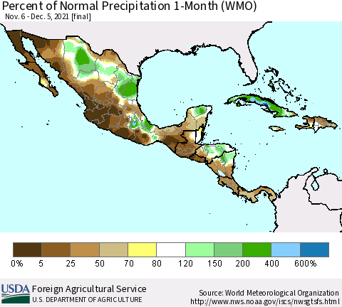 Mexico Central America and the Caribbean Percent of Normal Precipitation 1-Month (WMO) Thematic Map For 11/6/2021 - 12/5/2021