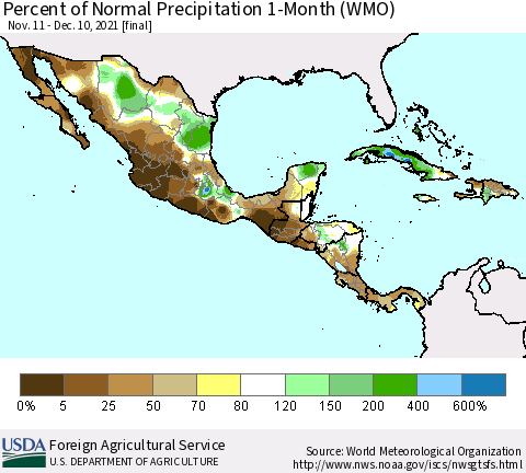 Mexico Central America and the Caribbean Percent of Normal Precipitation 1-Month (WMO) Thematic Map For 11/11/2021 - 12/10/2021