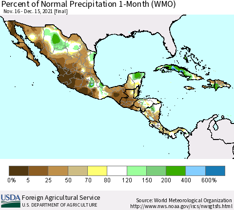 Mexico Central America and the Caribbean Percent of Normal Precipitation 1-Month (WMO) Thematic Map For 11/16/2021 - 12/15/2021